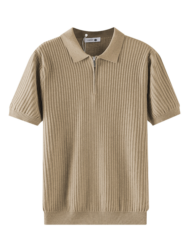 Verano nuevo hombre medio cremallera agujero de hielo tejedido polo camiseta de manga corta ligera de negocios de alto nivel hombre