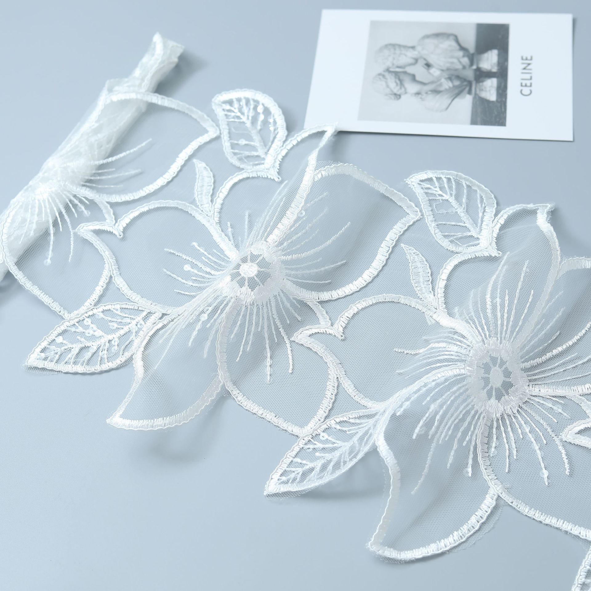 外贸跨境服装辅料车骨蕾丝花边透明珠片蕾丝婚纱礼服23CM蕾丝内衣