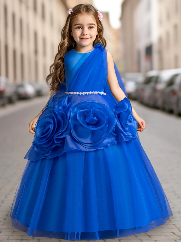 blue dress with roses kids Children's Halloween Birthday Wedding Party Fancy Ball Gown Princess dresses  for girls kids rose flowers Asymmetrical Tutu Skirt host piano performance  costumes