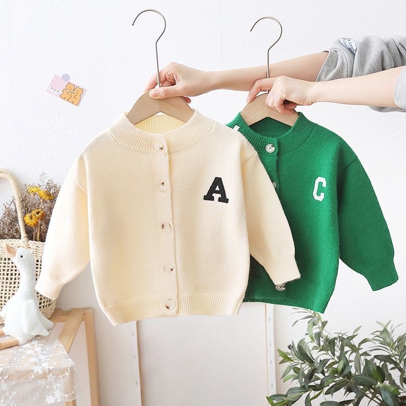 Korean style children's sweater, boys' spring and autumn new style, solid color knitted cardigan, girls' embroidered letter coat