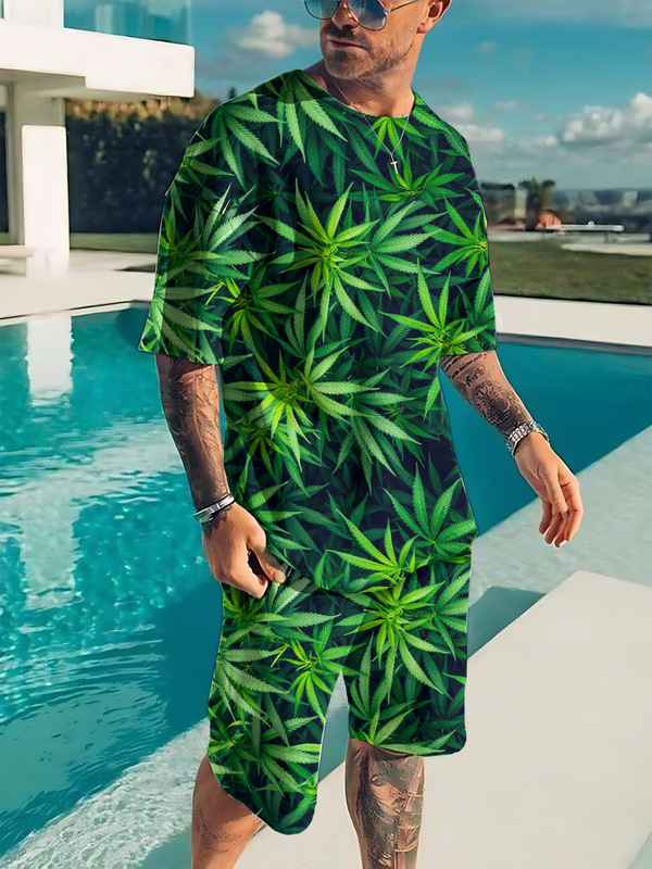 Men's T-shirt Shorts 2-piece T-shirt Set Weed Pattern Printed Street Clothes Casual Short-sleeved Sportswear Suit