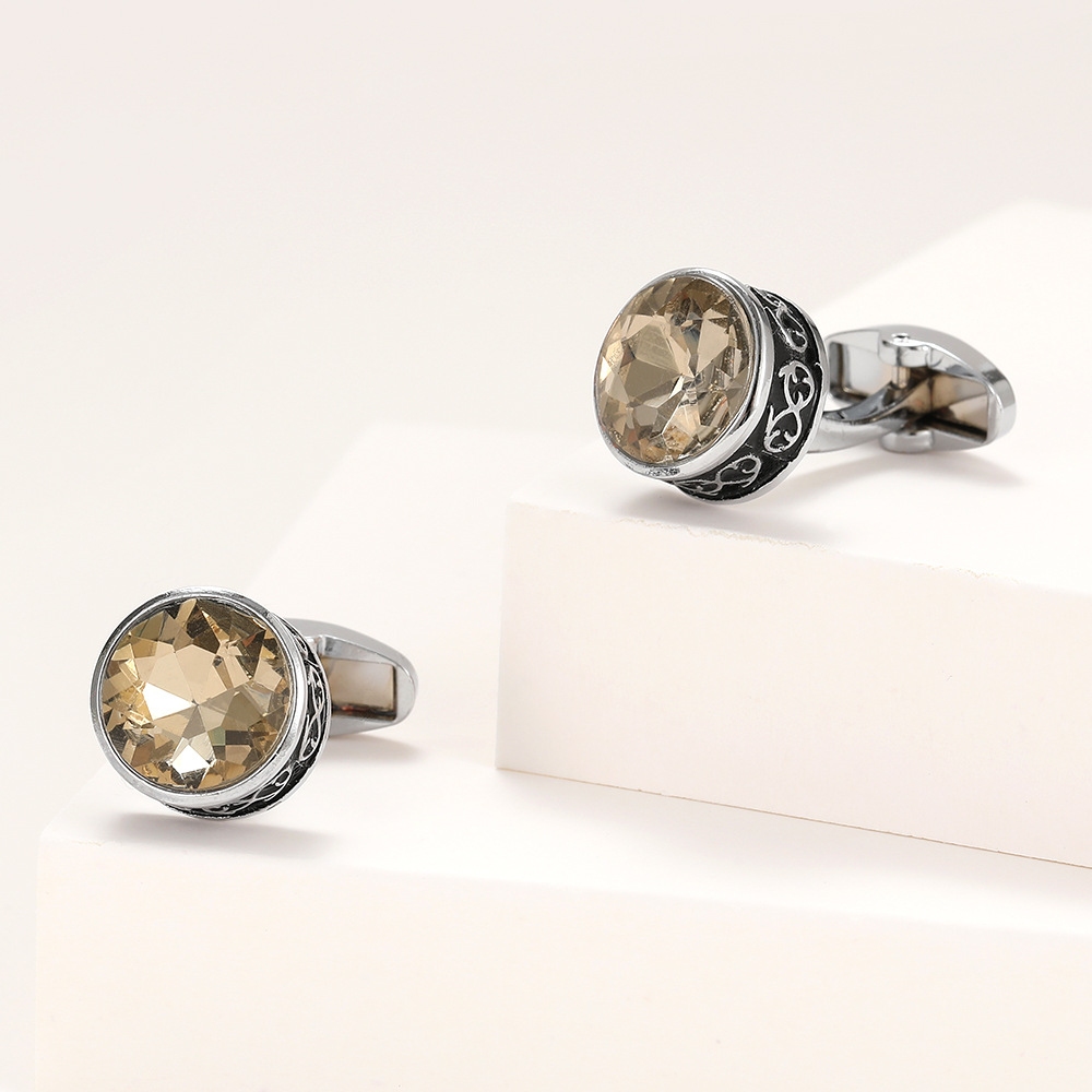 Men's Cufflinks New Entry Luxury French Round Tea Crystal silver Shirt Jewelry in stock 1 Pair Wholesale