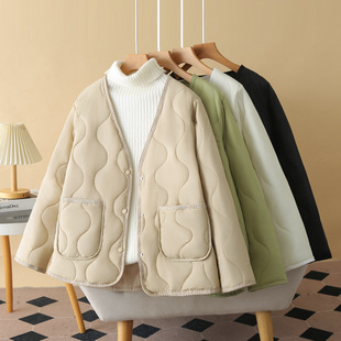 2024 autumn and winter cotton-padded clothes light plus size women's V-neck cotton-padded jacket 200kg simple Joker cotton-padded jacket fat sister 813