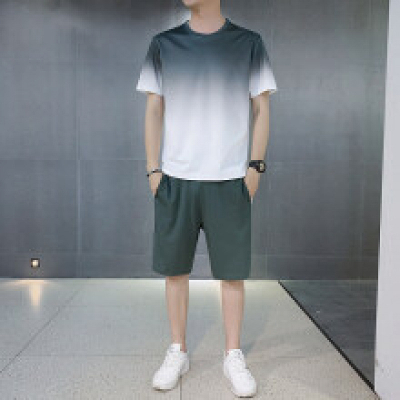 Fábrica directa de verano de dos piezas juvenil pantalones cortos de moda deportivos ociosos con cuello redondo gradiente camiseta de manga corta