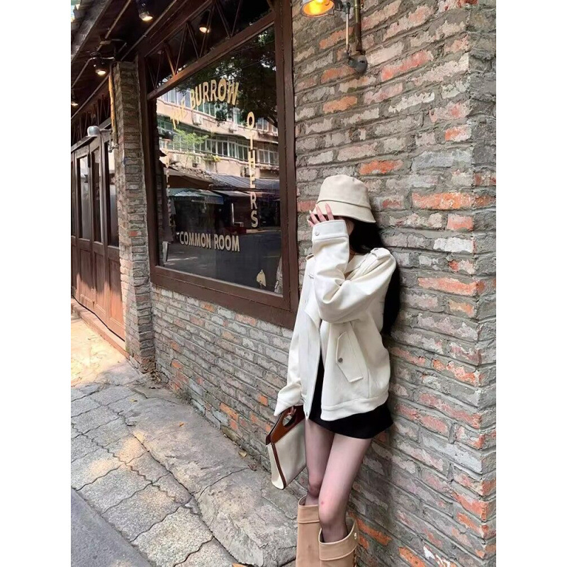 小姐姐白巧恋人仿麂皮外套女春秋米白色设计感机车风宽松夹克|undefined