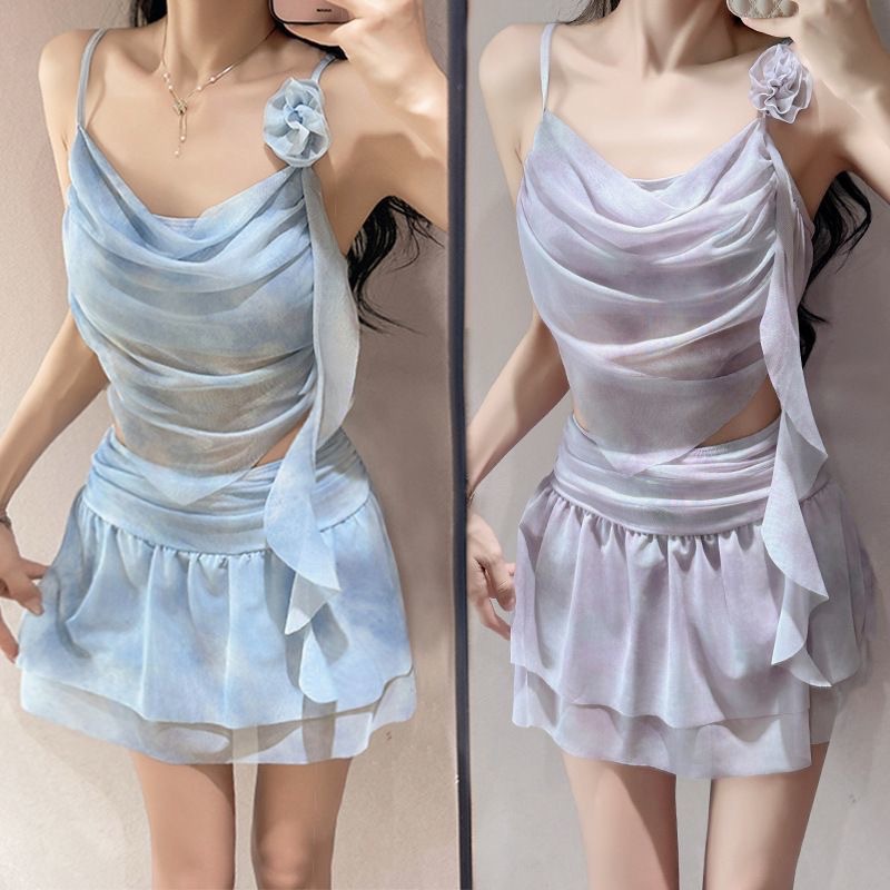 Summer Split Swimsuit for Women, Niche High-End Tassel Flower French Retro Gradient Sweet Style Hot Spring Swimsuit