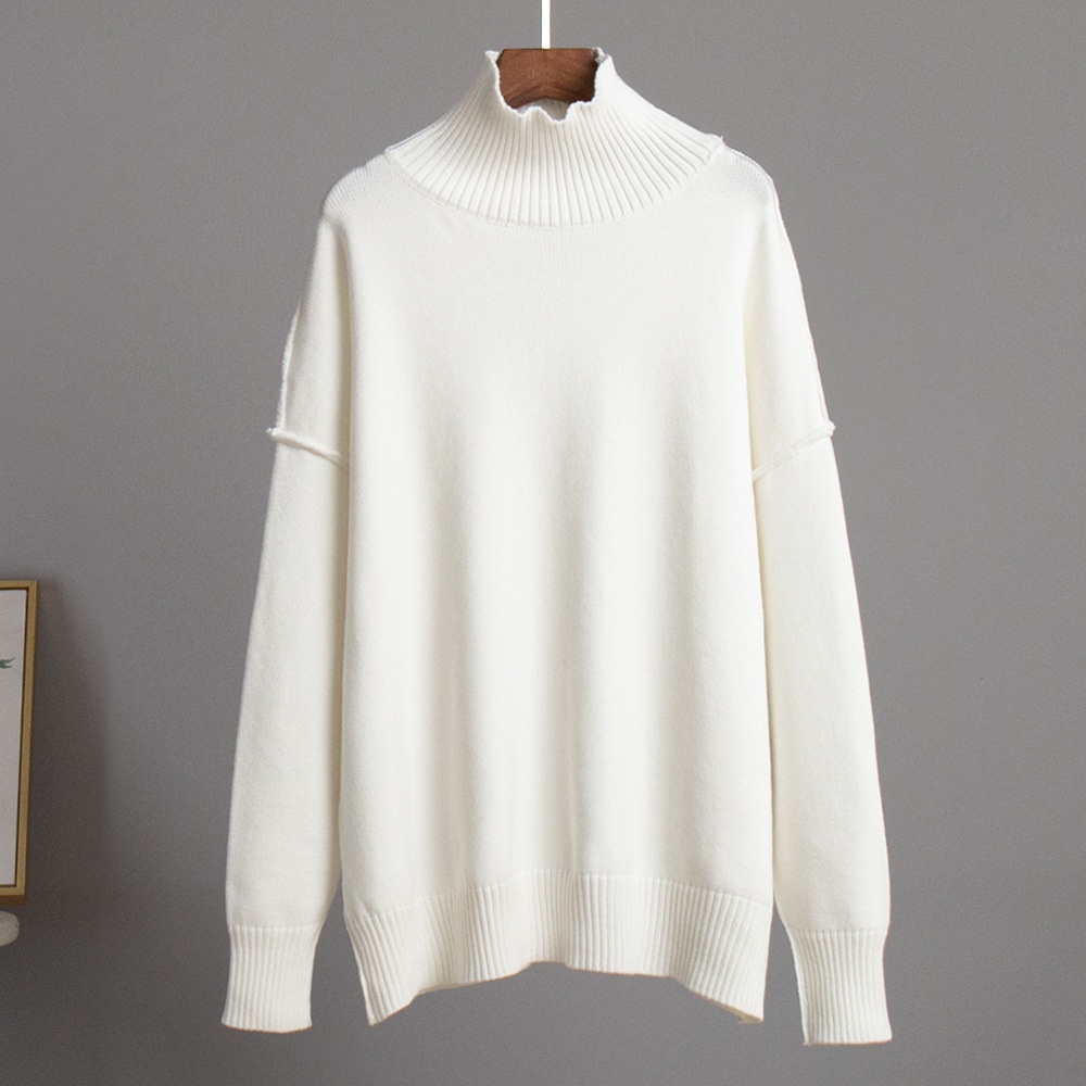 Suéter de cuello alto con costuras transfronterizas para mujer, otoño e invierno europeo y americano nuevo estilo casual suelto perezoso suéter grueso suéter de punto