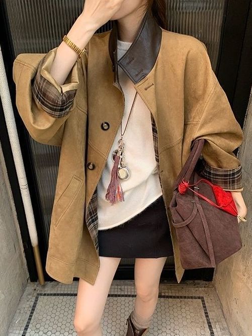 巴恩风立领撞色仿麂皮绒外套女2025秋季新款洋气百搭风衣夹克上衣|undefined