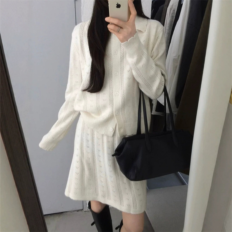 Korean-style, relaxed-fit, open-front knitted cardigan with a half-skirt set for women, perfect for autumn, featuring a loose and soft knit