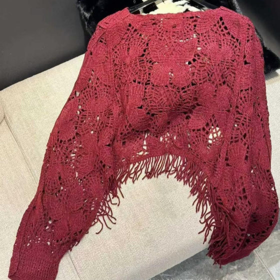 Autumn 2024 New Tassel Hollow Out Blouse Simple Small Shirt Bat Sleeve Loose Knit Short Top for Women