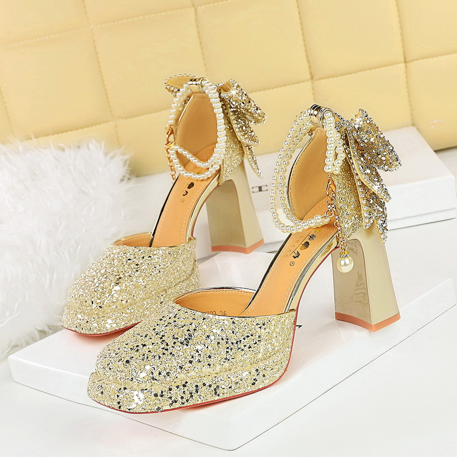 7723-H80TP lentejuelas cabeza cuadrada tacones altos tacón grueso plataforma impermeable lazo trasero perlas hebilla sandalias zapatos de boda