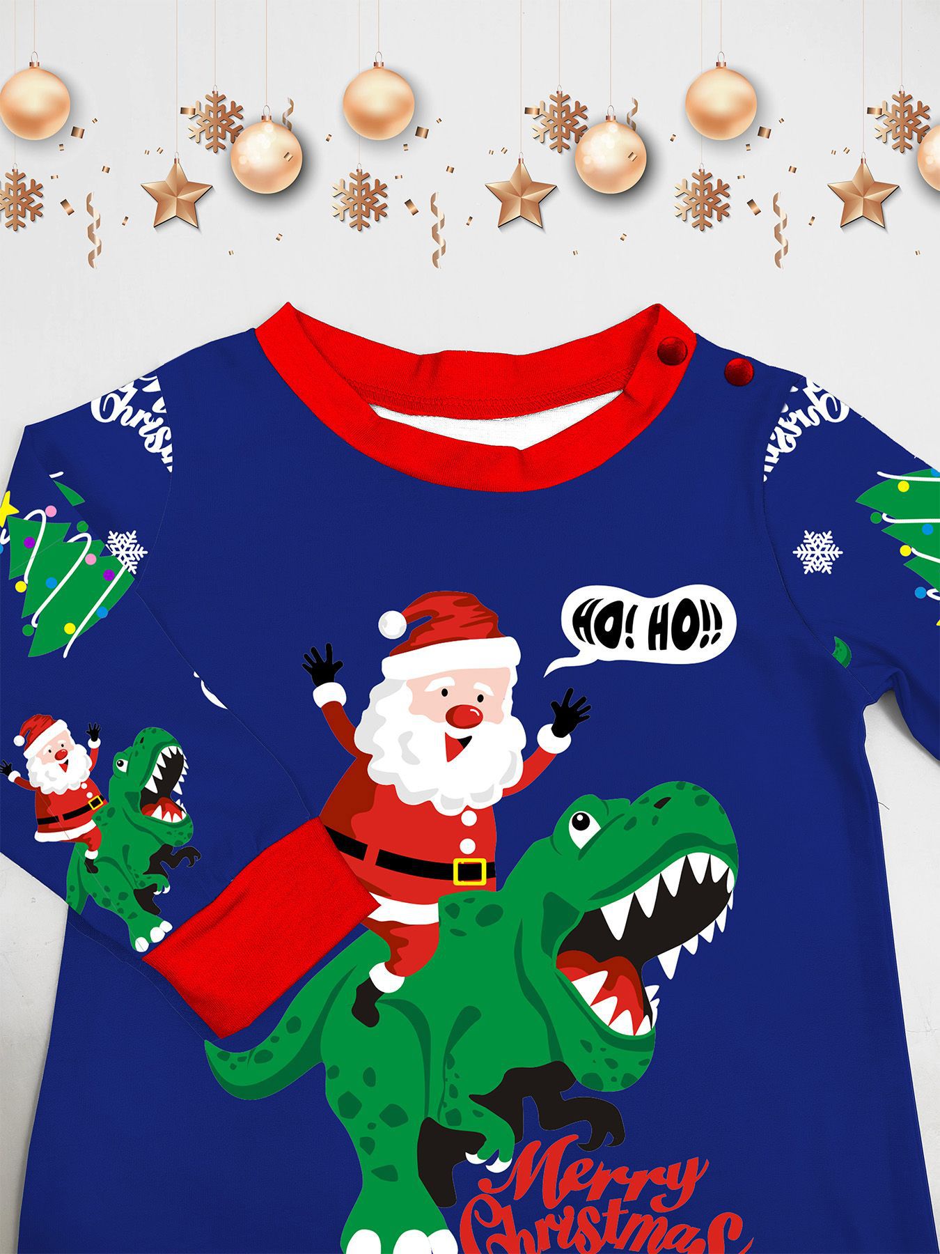 Božićna kućna odjeća Obiteljska odjeća Zelena pidžama s printom dinosaura Djeda Mraza Plavo odijelo_voghion.com