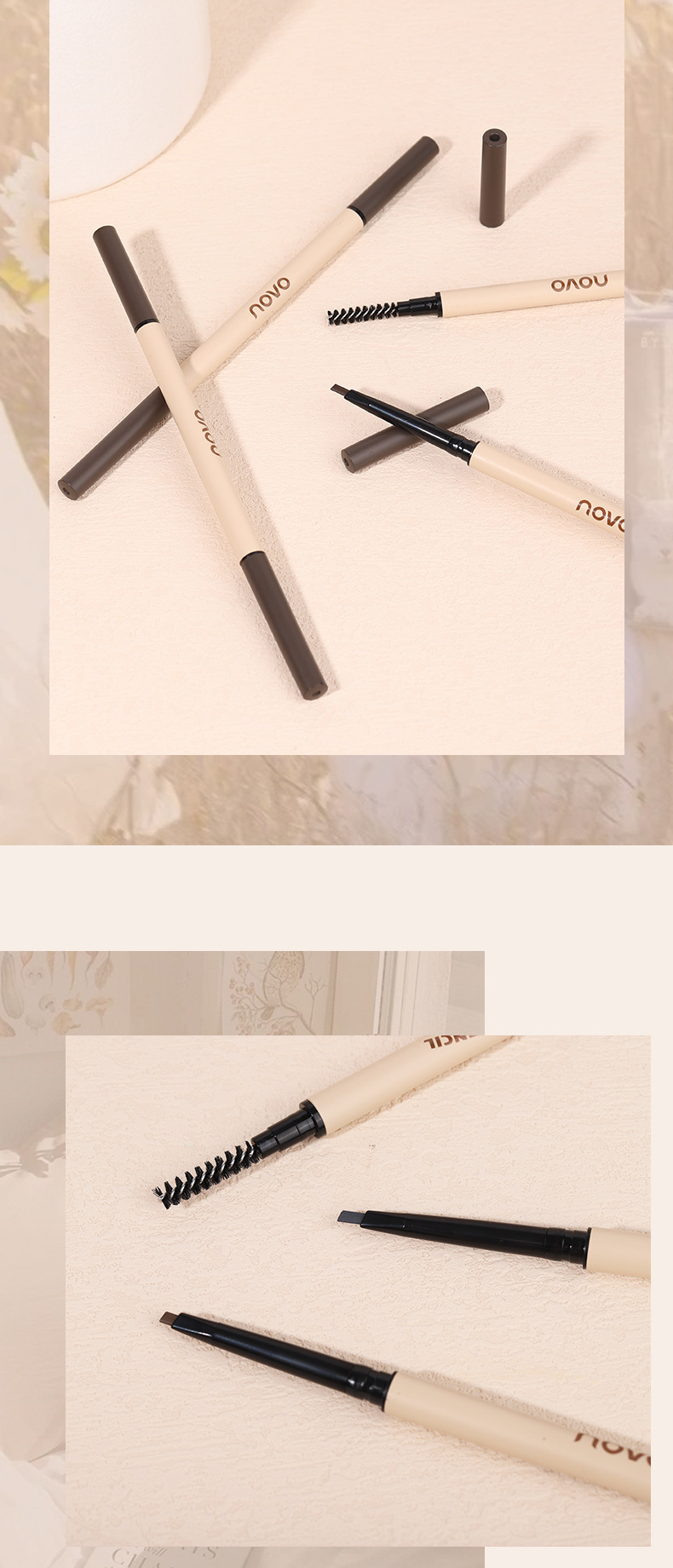 NOVO's ultra-fine misty eyebrow pencil is naturally and clearly distinguishable. It is waterproof, sweat-proof and does not smudge both eyebrows undefined