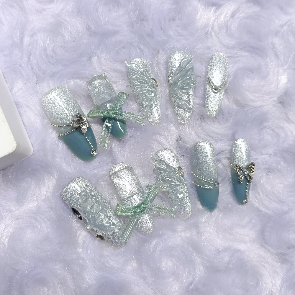 Azul azul medio ala arco de uñas piezas de uñas dulces 10 piezas de uñas de hadas decimales manuales puros ojos de gato para usar uñas