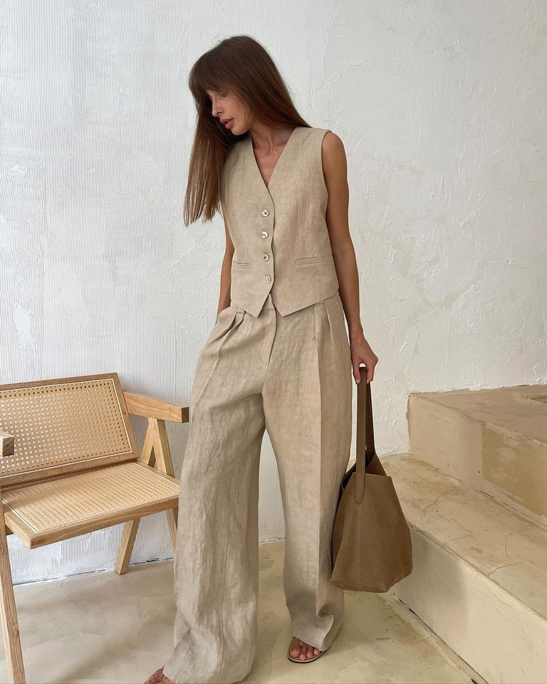 Bộ vest nữ hai mảnh áo vest không tay kèm quần cạp thấp phong cách hiện đại — Kaki, Màu cam, Màu đen chi tiết 18