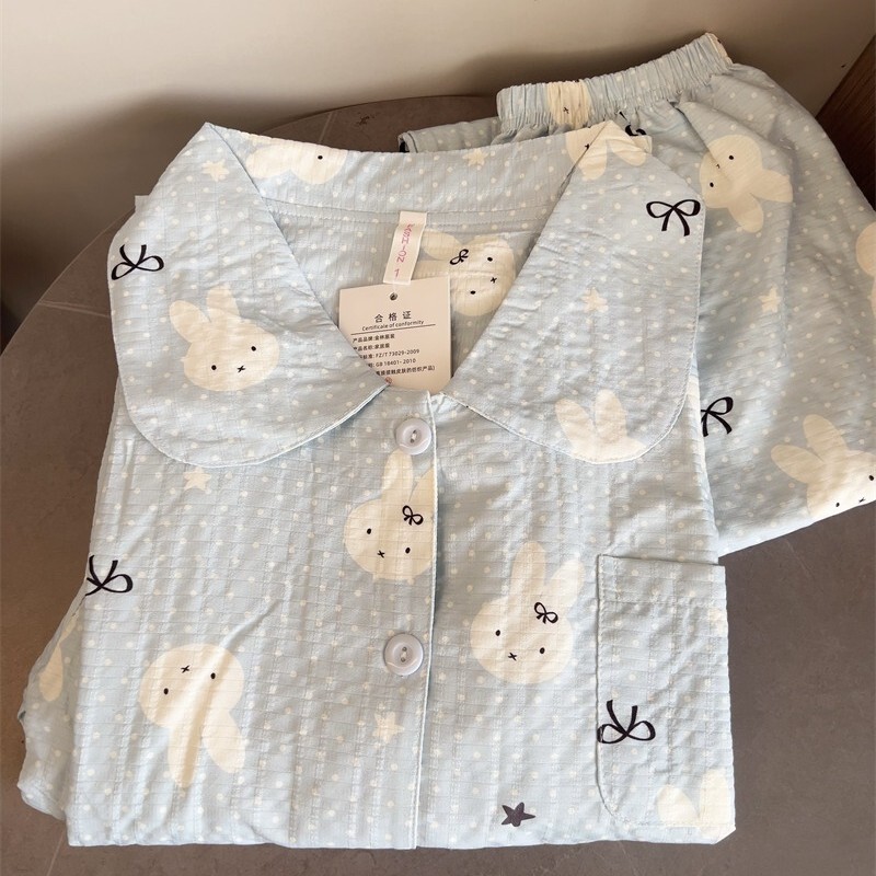 Cute Bow-Knot Rabbit Pajamas for Women, Spring and Autumn Doll Collar Long-Sleeve Long-Pants Set, Ins-Style Loungewear