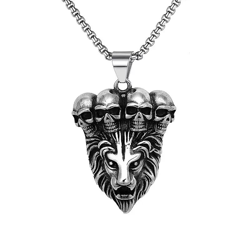 2025欧美跨境新款朋克复古饰品不锈钢抛光抹油骷髅狮子头吊坠项链