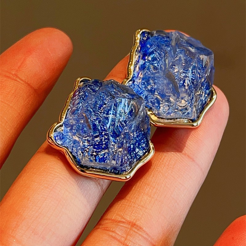 銀針東大門高級感不規則藍色冰晶耳釘女輕奢小眾立體幾何耳環耳墜