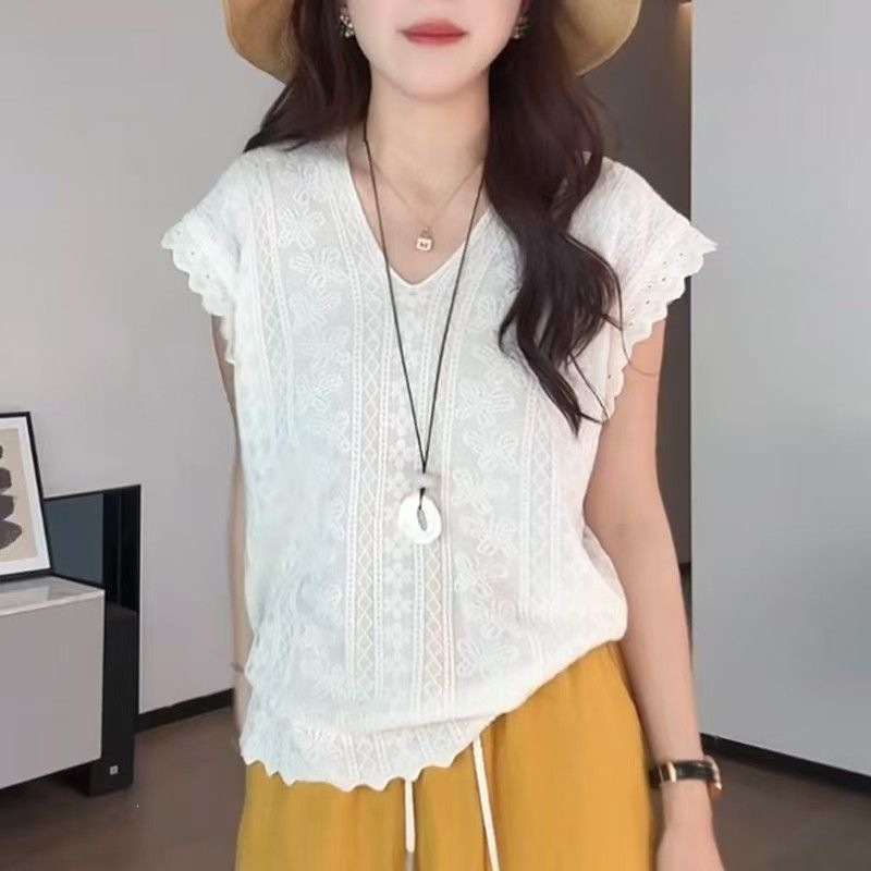 Áo thun nữ cổ V ngắn tay dệt kim Jacquemard phong cách Pháp, form rộng suông che khuyết điểm — 965 # Khí chất đen [chất lượng cao] Nhẹ và thoáng khí, 965 # ánh trăng trắng [chất lượng cao] rộng rãi gầy chi tiết 2