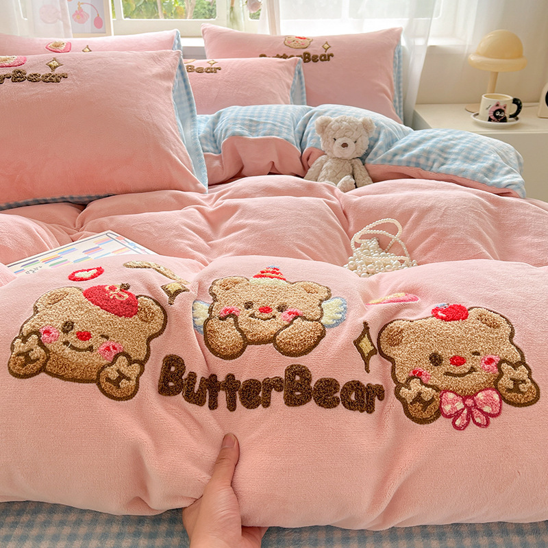 Invierno de doble cara engrosado leche cama de peluche cuatro piezas más cama de peluche cubierta sábanas de franela de coral