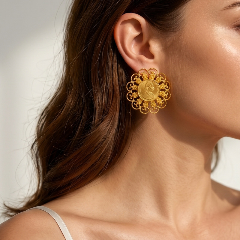 European and American Style Round Portrait Earrings, Dubai Gold-Plated Bridal Exaggerated Earrings, African Nigerian Women's High-End Earrings European and American Style Round Portrait Earrings, Dubai Gold-Plated Bridal Exaggerated Earrings, African Nigerian Women's High-End Earrings