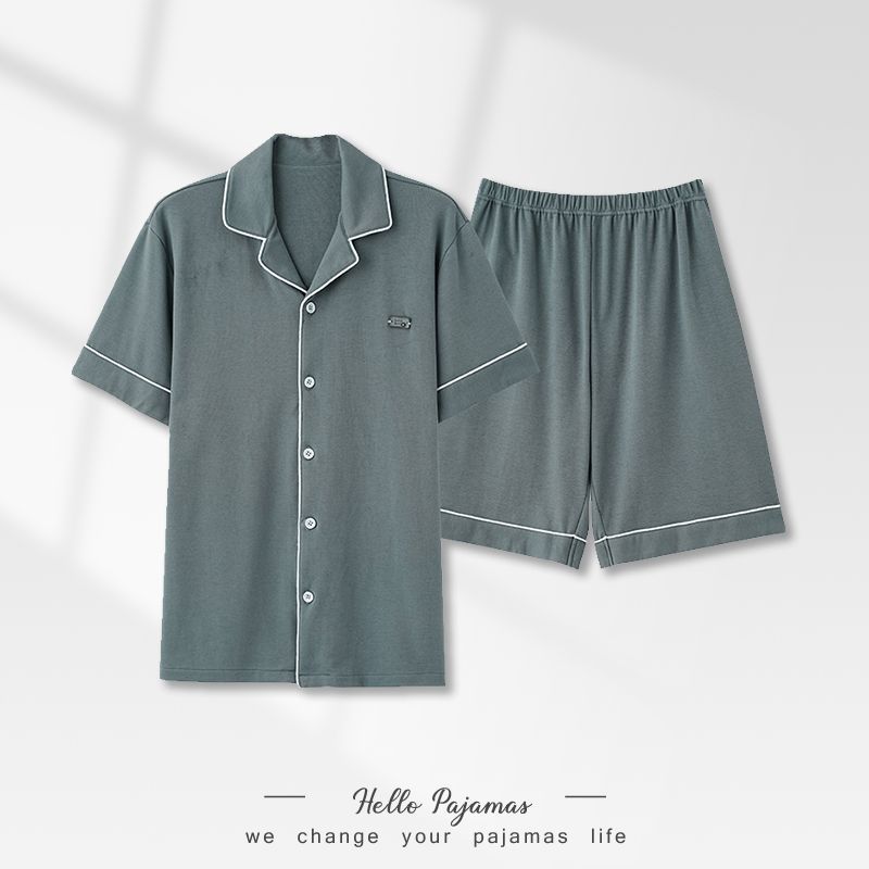 Pajamas de algodón para hombres, pantalones cortos de manga corta delgados de verano, juveniles se pueden usar con un conjunto de ropa de casa grande.