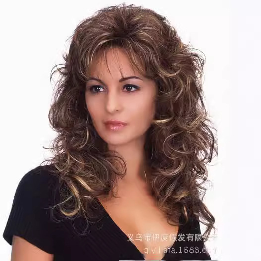 New European and American Style Women's Long Curly Wig, Cute Brown Synthetic Wig with Side Bangs New European and American Style Women's Long Curly Wig, Cute Brown Synthetic Wig with Side Bangs