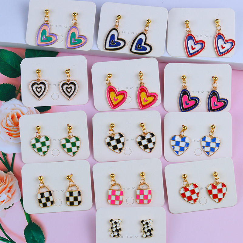 15g Weight 1 Pair Sweet Color Block Heart Shape Alloy Women's Earrings