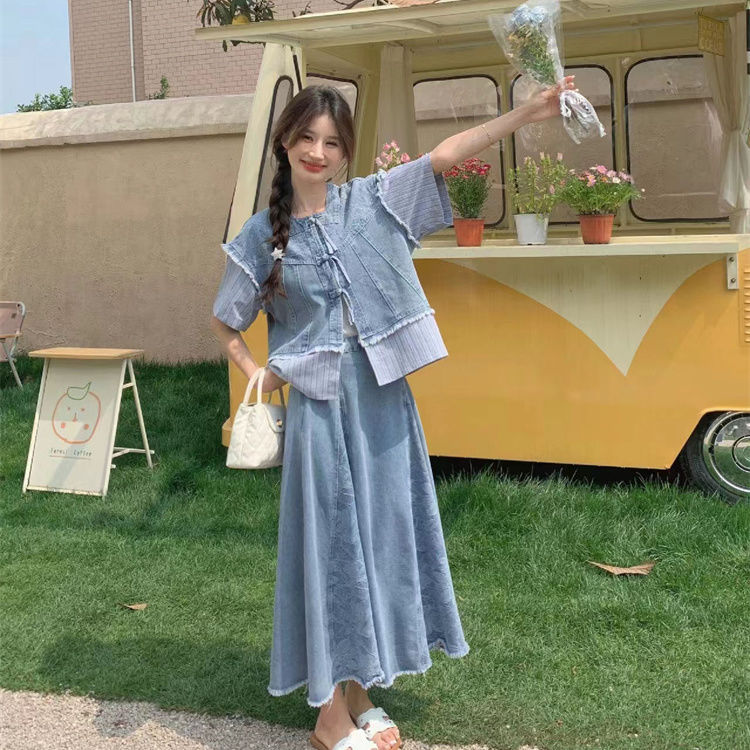 Fake Two-Piece Splicing New Chinoiserie Denim Suit Skirt for Women Summer Buttoned Short-Sleeved Vest Top + Half-Length Skirt