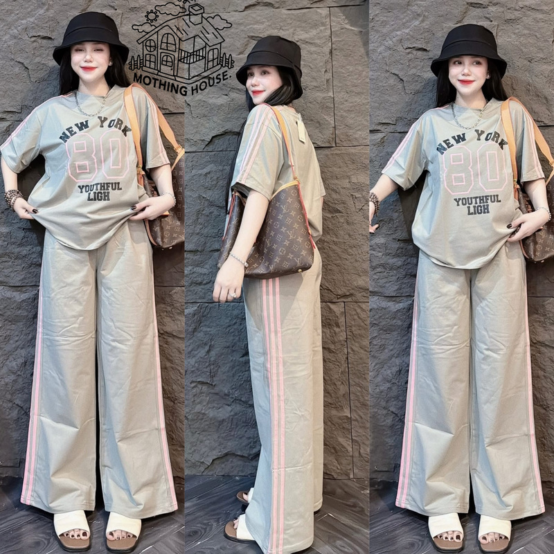 東南アジアのアメリカのレトロなファッションのスーツの女性の夏の新型のアルファベットの半袖の広い足のズボンのゆったりしているレジャーの2つのセット|undefined