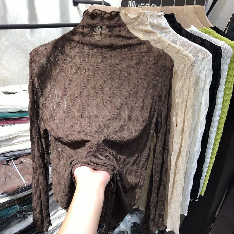 High-Neck Long-Sleeve Chiffon Lace Top for Women, Early Autumn 2025 New Style, European-Style Ruched Base Shirt High-Neck Long-Sleeve Chiffon Lace Top for Women, Early Autumn 2025 New Style, European-Style Ruched Base Shirt
