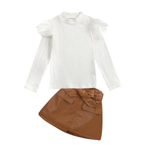 Baoxin Children's Clothing Girls' Knitted Autumn and Winter Furry Long-Sleeved Top + Irregular Brown Skirt + Belt Exclusively for Europe and America