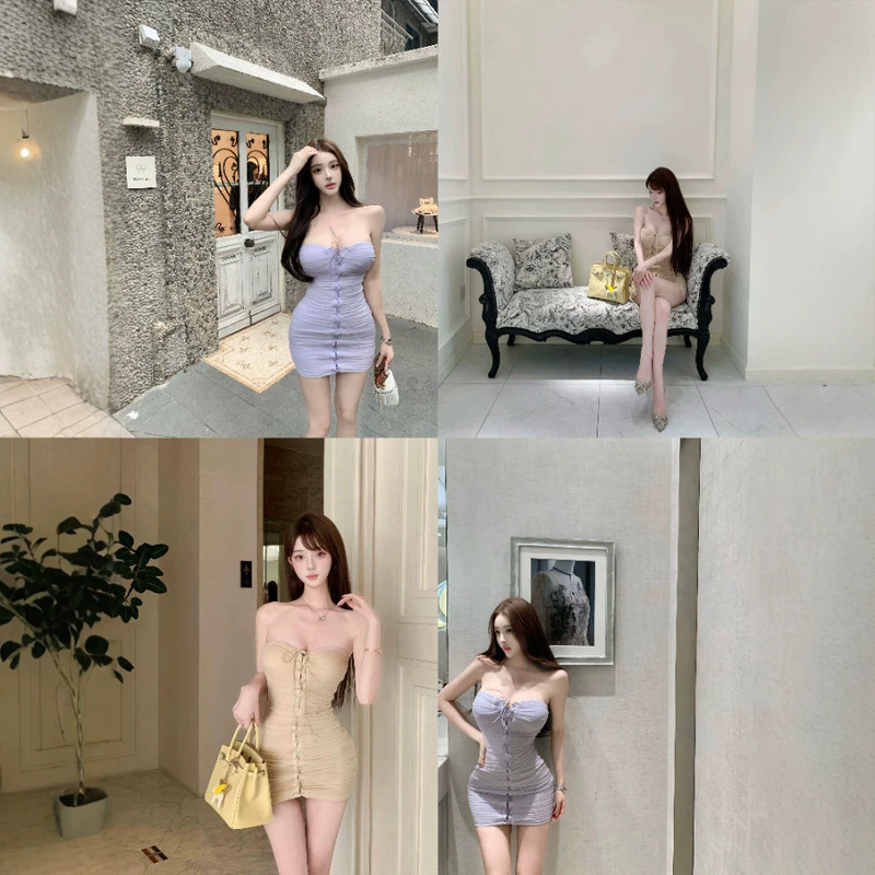 S-effect pill【Taro Sweet Dress】strapless ruched lace-up pure desire slim-fit bodycon dress