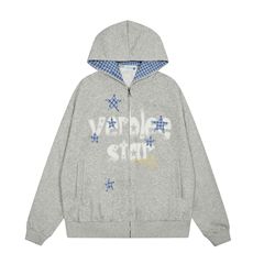 美式格纹星星贴布连帽卫衣女秋季慵懒宽松休闲百搭拉链开衫外套潮