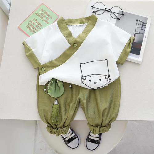 Boys' Tang suit short-sleeved children's  new summer clothes children's summer baby boy children's clothing one piece drop shipping