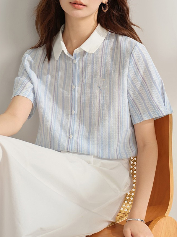 当店の宝物〜女性用ストライプシャツ2025夏コントラストカラーラペル刺繍ゆったり快適ファッションシャツ|undefined