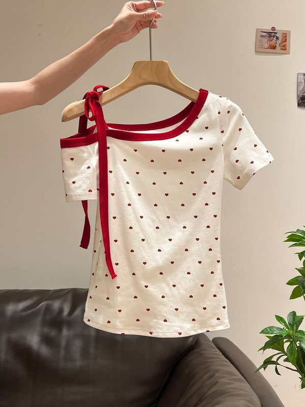 韩系红色爱心波点斜肩露肩蝴蝶结纯欲短袖T恤女夏季绑带修身上衣|undefined