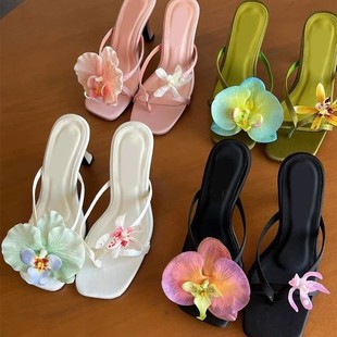 2025 Fairy Style High Heel Square Toe Flower Outdoor Wear Beach Sandals and Slippers Casual Summer New Women's Shoes