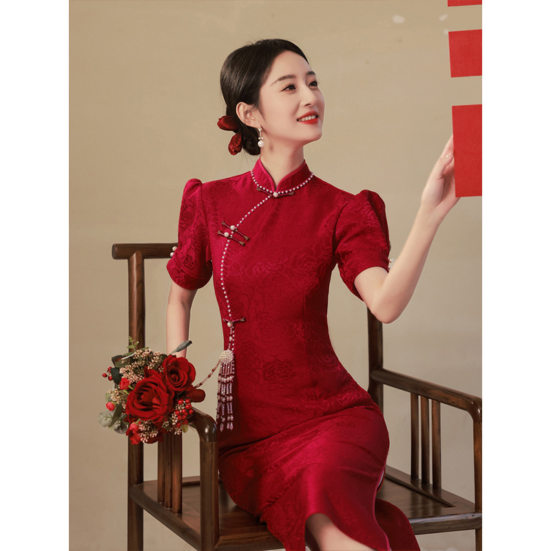 チャイナドレスの敬酒服の赤い中国式の結婚の子供は若いタイプの婚約ドレスを改良します。|undefined