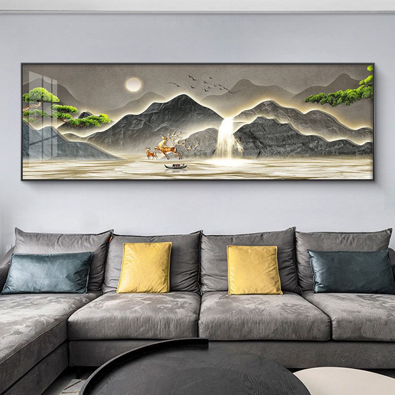 轻奢高级感新中式客厅装饰画沙发背景墙挂画办公室壁画横版山水画