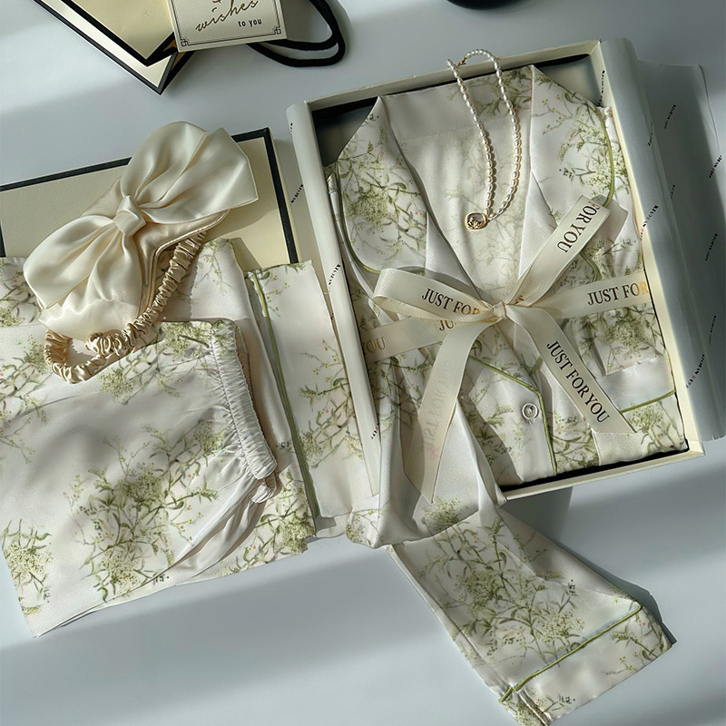 Korean Style Floral Light Luxury High-Value Spring and Autumn Thin Ice Silk Long-Sleeved Pajamas Women's Casual Home Wear Set Wholesale