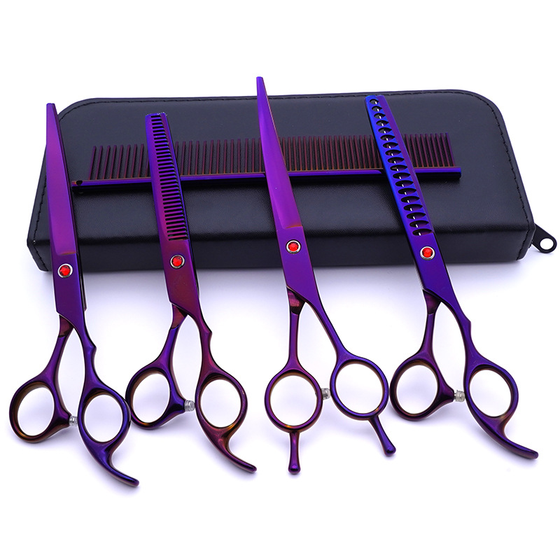 Fabricante de juegos de tijeras para mascotas, tijeras de peluquería canina al por mayor de 7 pulgadas, suministros morados para perros.