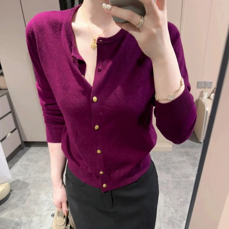 Autumn and Winter New Style Small Gold Button Short Lazy Sweater Cardigan Fine Wool Velvet Cardigan Women's Round Neck Purple Outer Wear