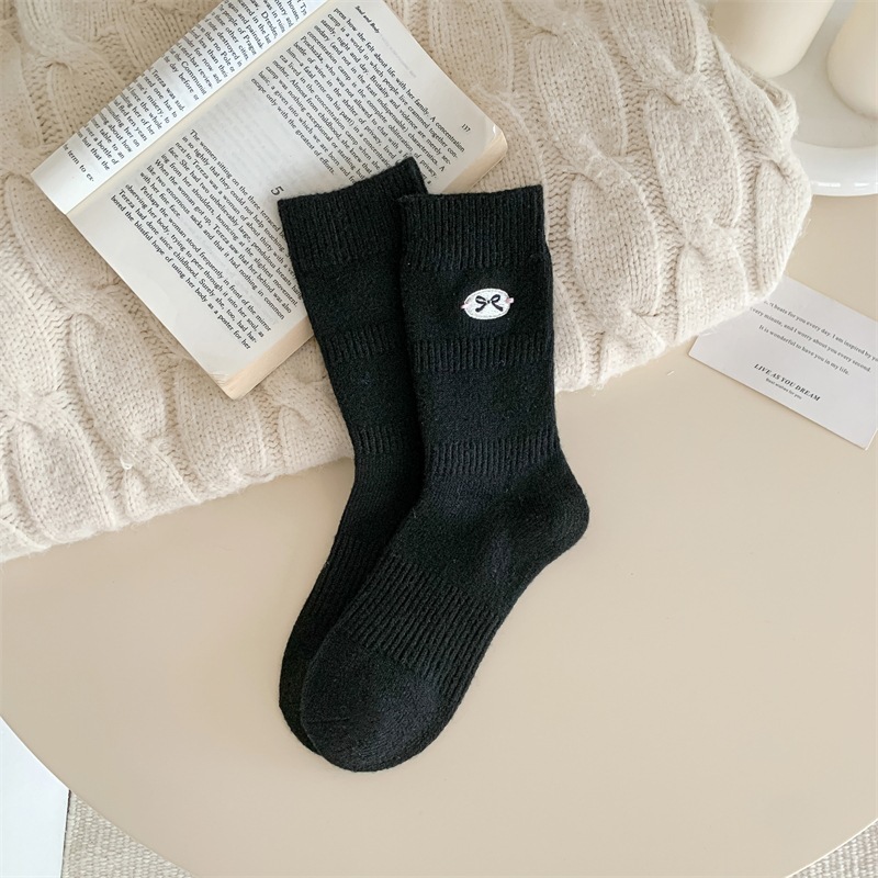 加厚袜子女冬天羊毛中筒袜蝴蝶结保暖蓄热堆堆袜居家睡眠袜|undefined
