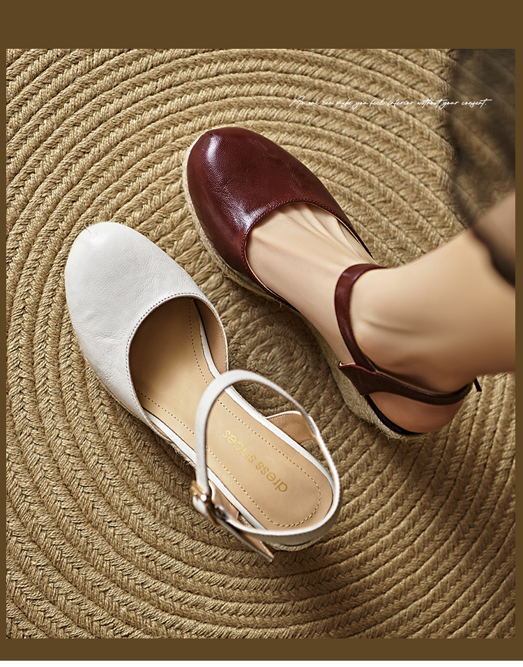 Sandal cao gót nữ quai ngang đế xuồng đan rơm, gót 9 cm — Rượu vang đỏ, màu trắng ngà chi tiết 1