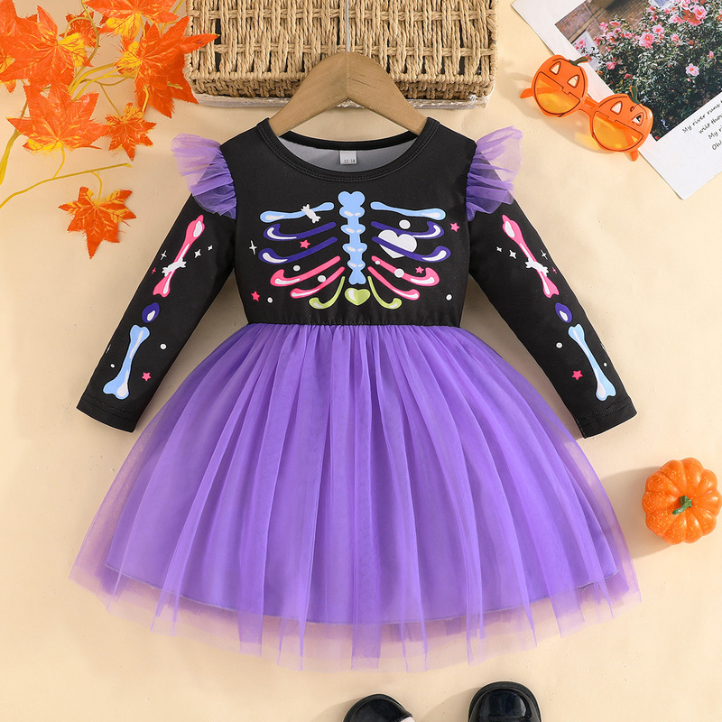 2025 ヨーロッパとアメリカの春と秋の甘い女の子ハロウィンカボチャ長袖メッシュスカートシンプルでスタイリッシュなドレスが登場|undefined