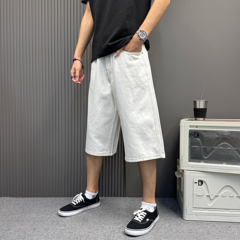 Men's White Jeans Summer Straight-Leg Pure Cotton Unisex Fashion Casual Loose Denim Shorts