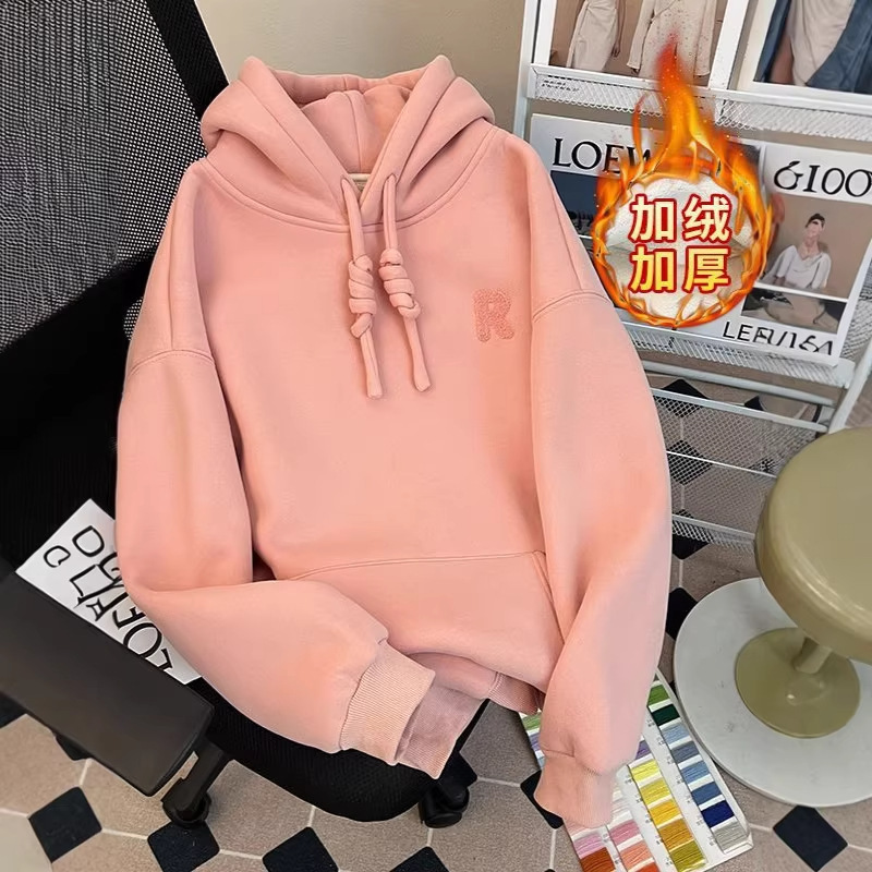 Composite Alpaca Wool Warm Letter-Embroidered Sweatshirt for Women, New Autumn and Winter Style, Fleece-Lined and Thickened, Hooded, Plus Size 100kg