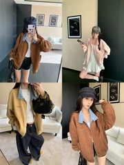 复古美式棒球服夹克女秋季高级感格子拼接拉链长袖外套宽松上衣潮