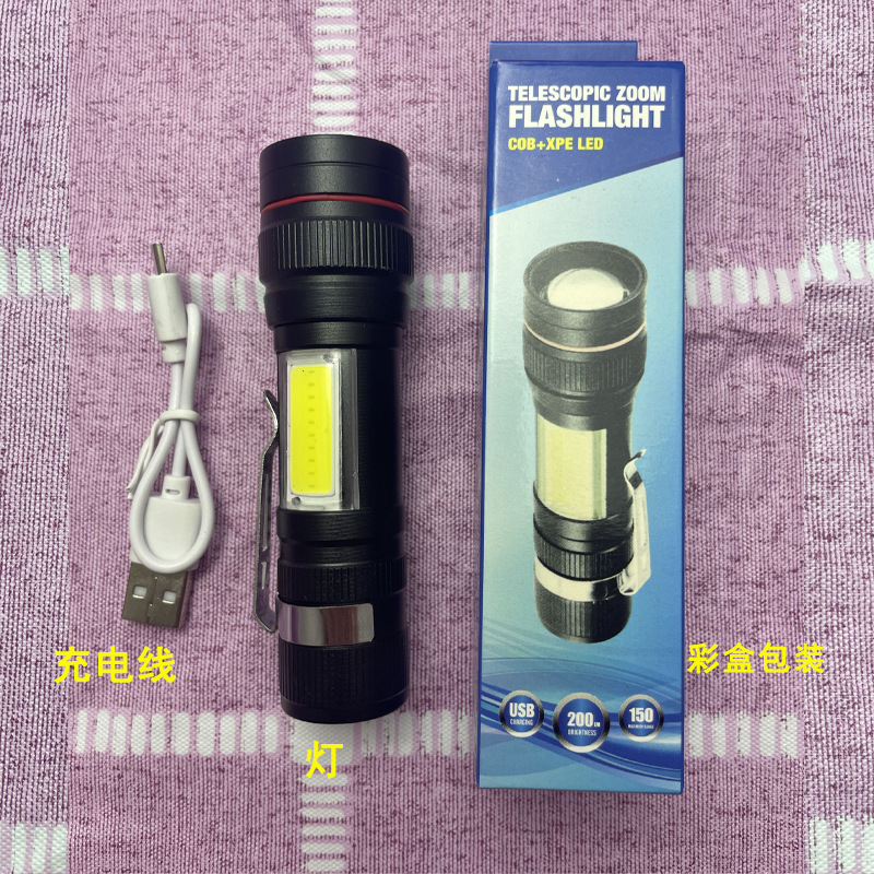 Mini T6 linterna de luz fuerte incorporada 18650 batería de litio telescópica zoom luz lateral COB con titular de la pluma pequeño portátil al por mayor